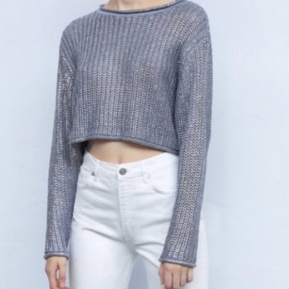 Zara Cropped Sweater Light Blue Silver Metallic Rolled Neck Size Medium